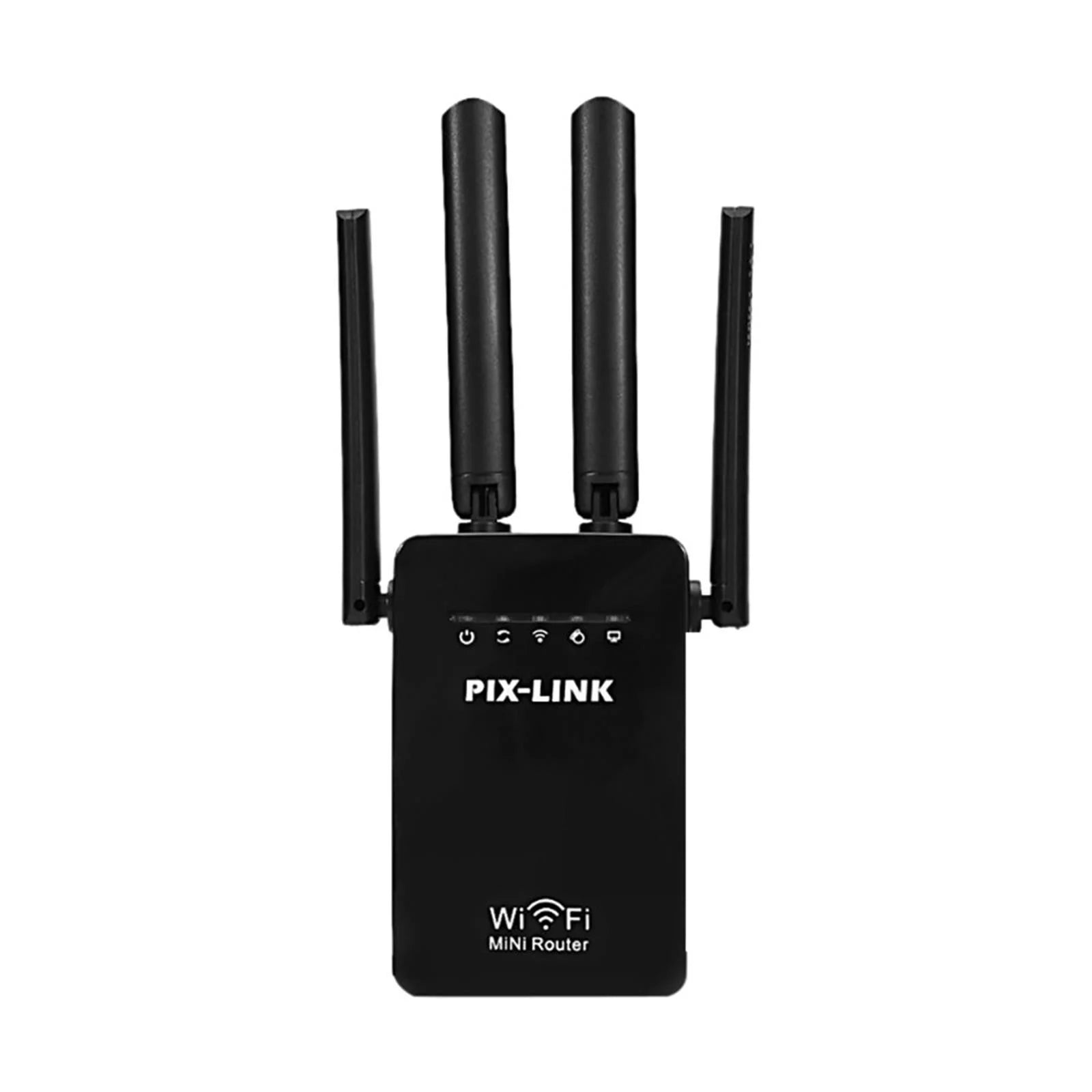 Compact WiFi extender with four antennas and LED signal indicators.