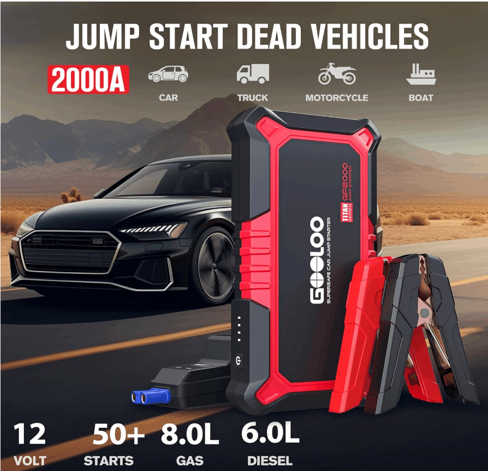 Compact jump starter for cars with emergency power bank function.