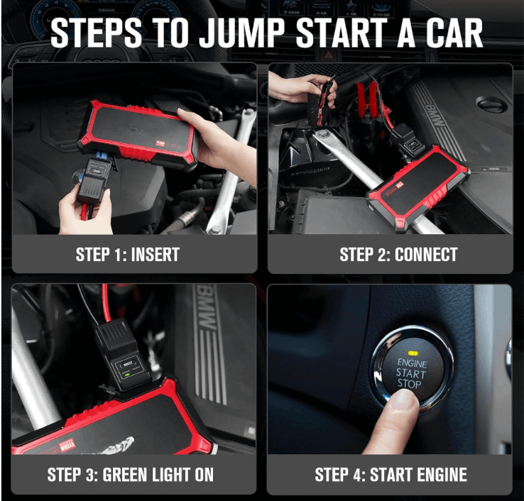 Portable jump starter being used to start a car engine quickly and safely.