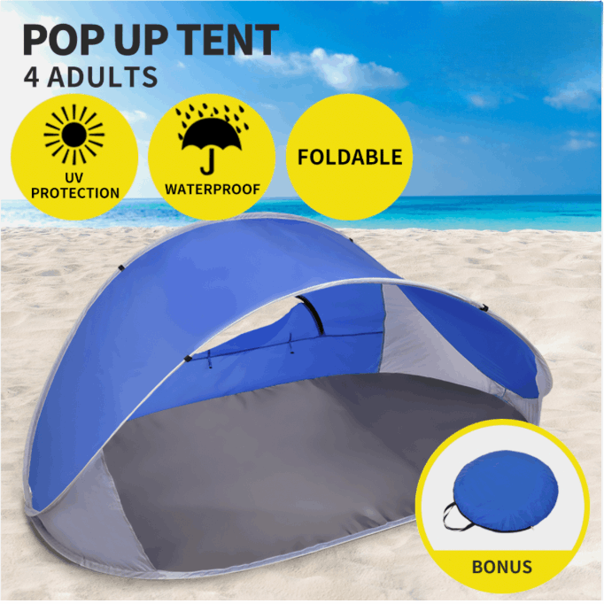 Blue pop-up beach tent with UV protection, lightweight design for sun shelter.