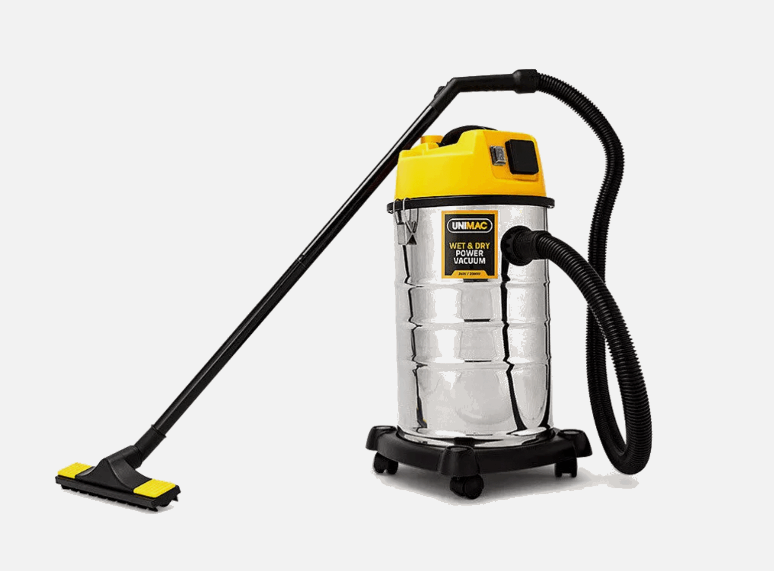 Wet and dry vacuum cleaner with long hose for home or workshop use