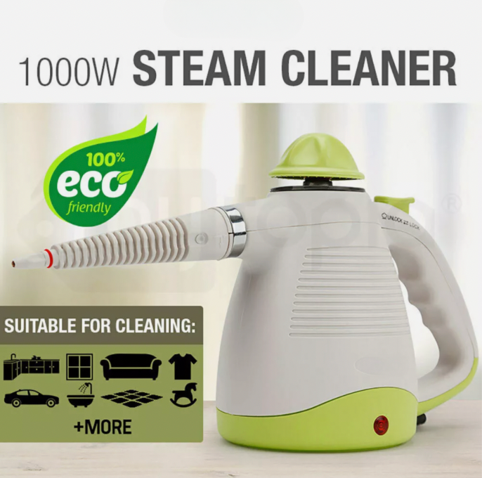 Handheld steam cleaner for home cleaning with high-pressure nozzle and safety lock.
