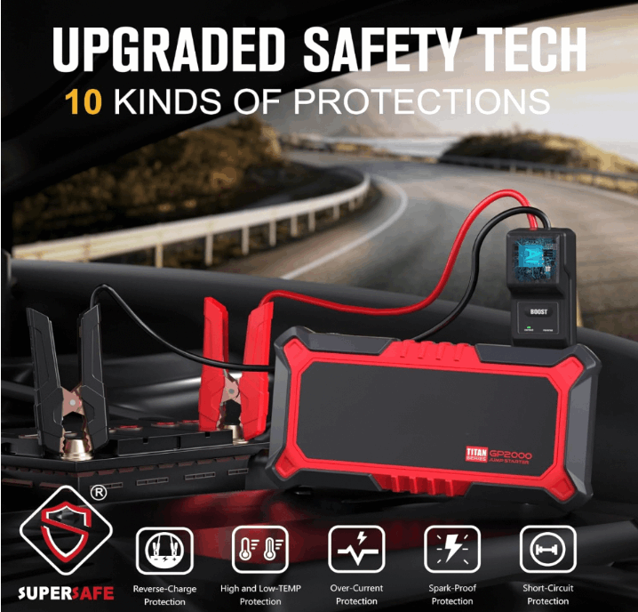 High-capacity portable jump starter with multiple safety protection modes