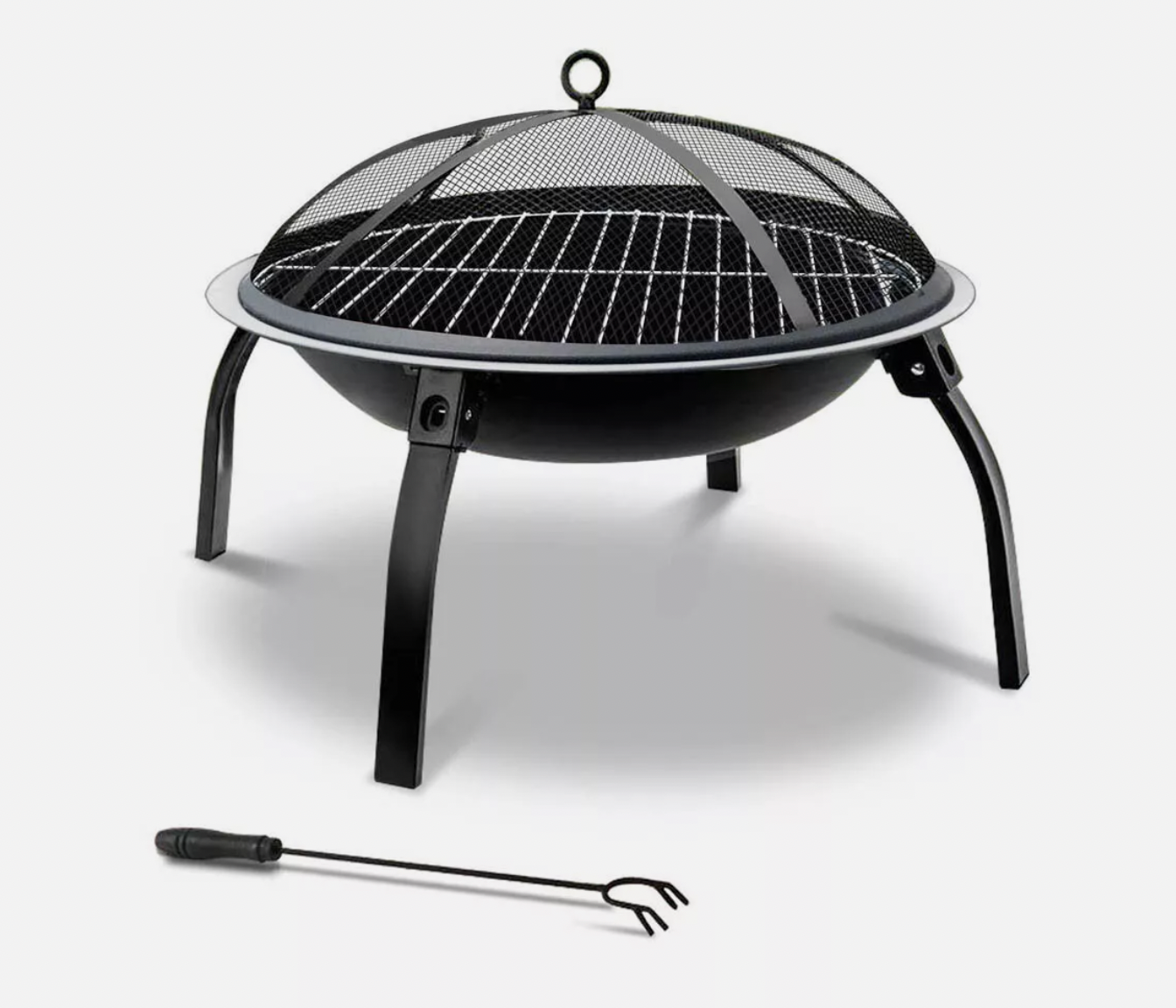 Black outdoor fire pit with mesh safety lid, tripod legs, and fire poker.
