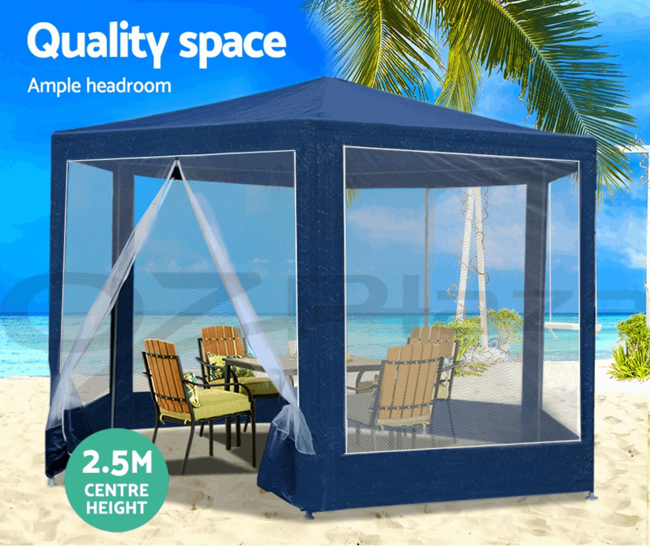 Blue gazebo tent set up in backyard with mesh panels for family shade.