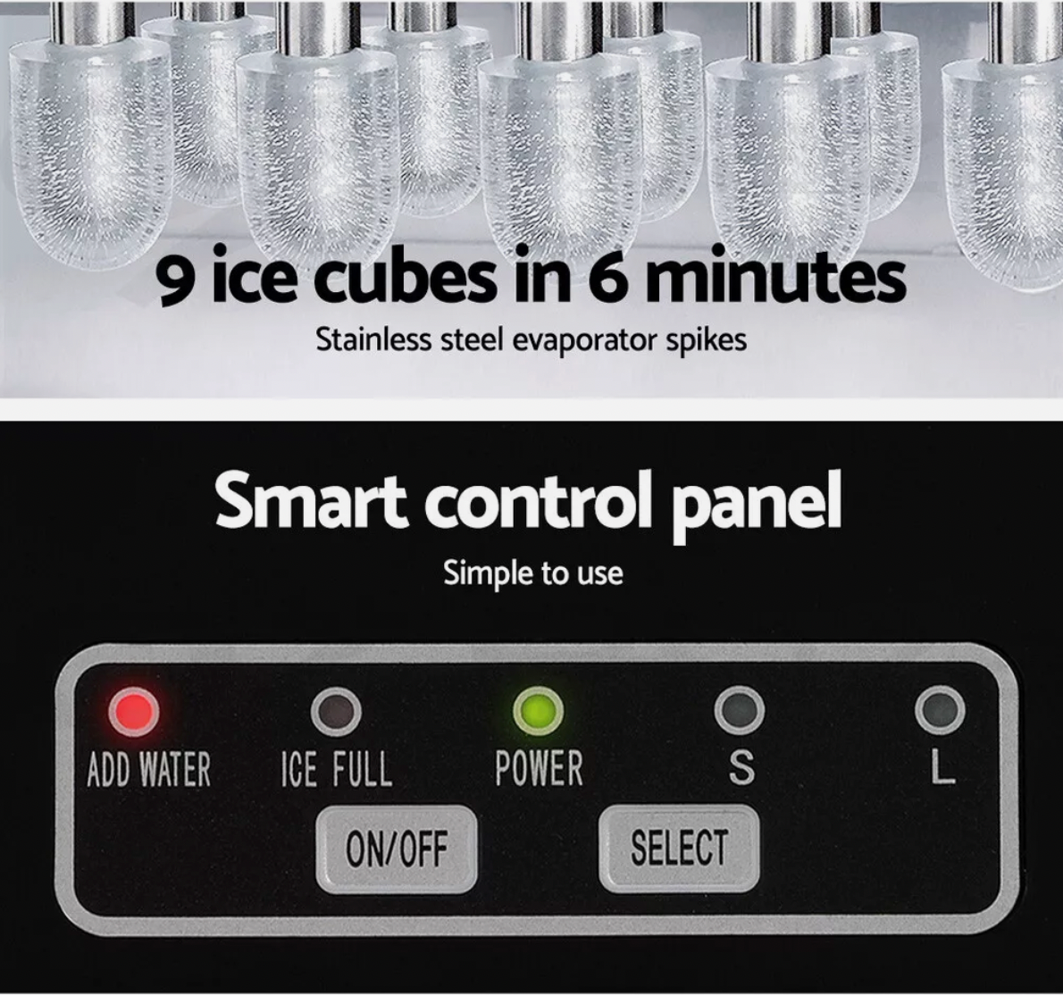 Ice maker LED control panel with power, timer, and ice size settings.