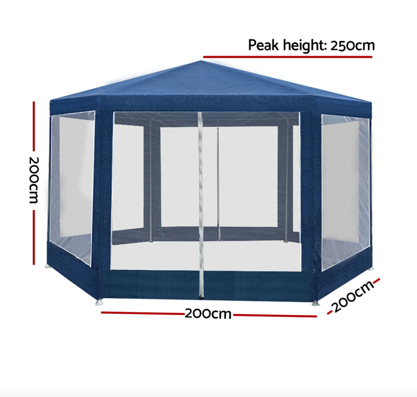 Hexagonal blue gazebo tent with mesh panels and steel frame structure.