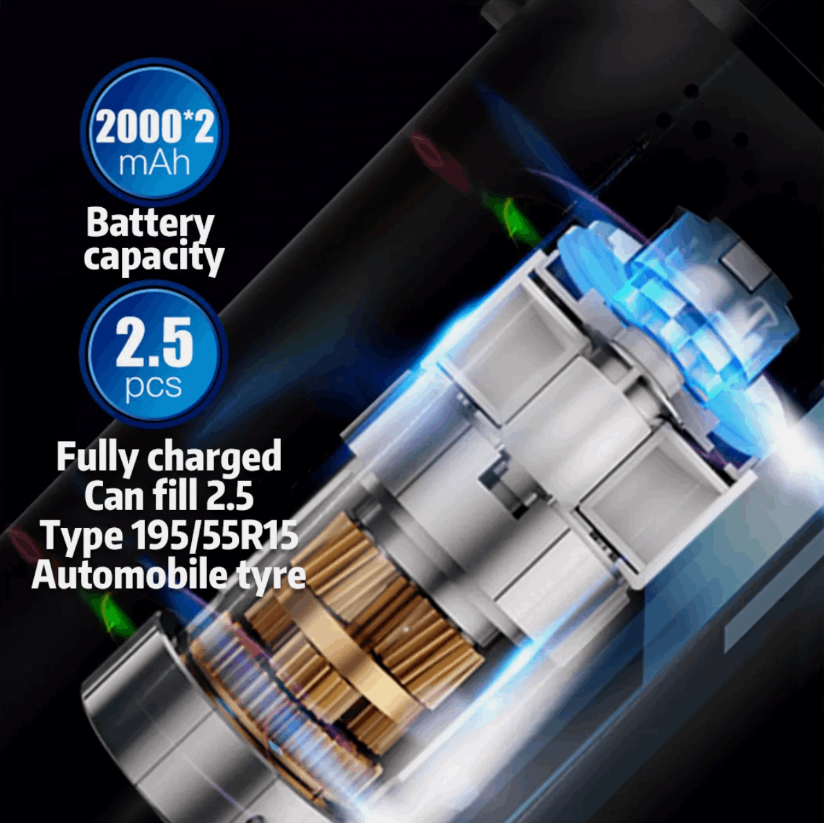 Rechargeable cordless air pump with lithium battery and fast charging cable.