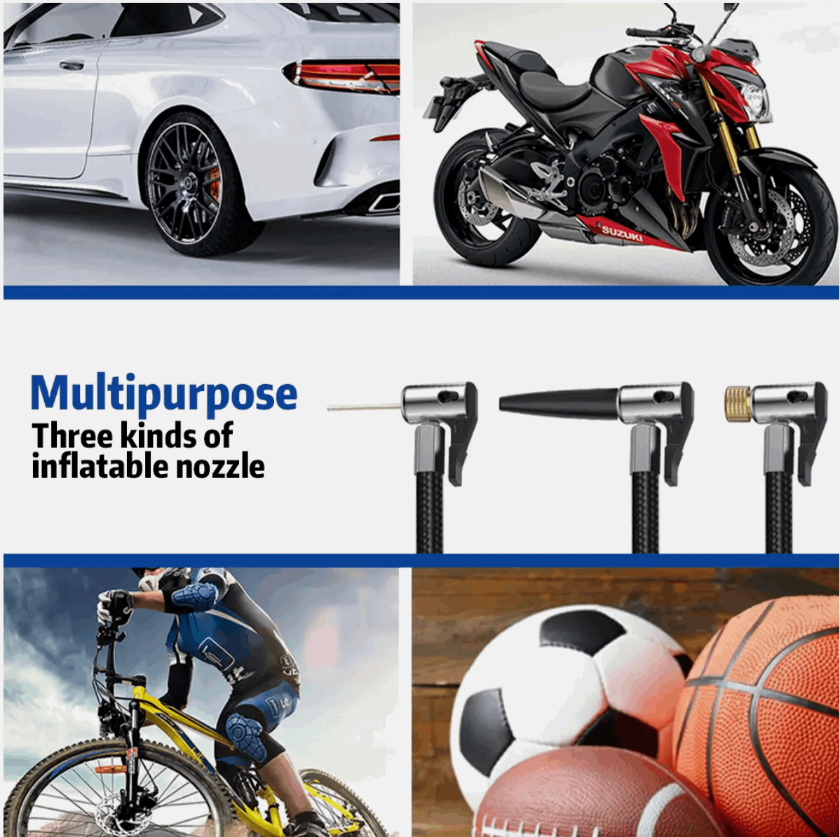 Cordless air pump inflating sports balls, bicycles, and car tires