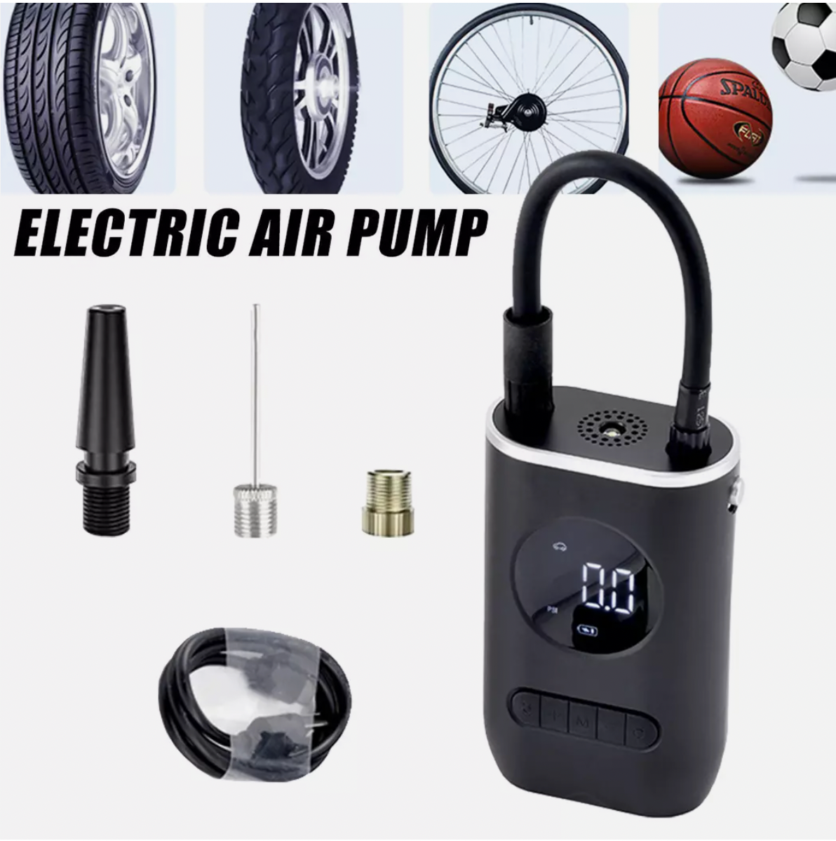 Portable cordless air pump with nozzles, charger, and digital screen.