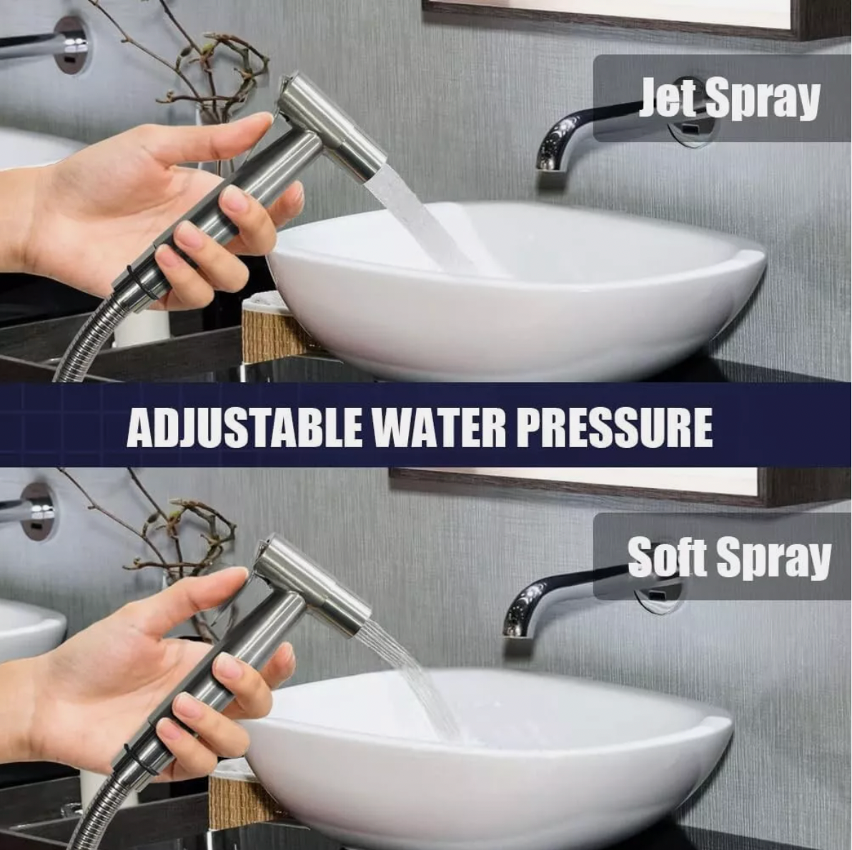Handheld bidet sprayer being used for washing in bathroom sink and toilet