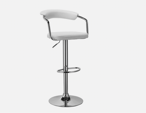 White cushioned bar stool with cut-out backrest and swivel chrome base.