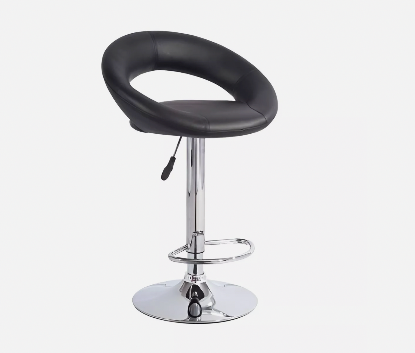 Black cushioned round-back bar stool with chrome pedestal and footrest