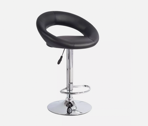 Black cushioned round-back bar stool with chrome pedestal and footrest