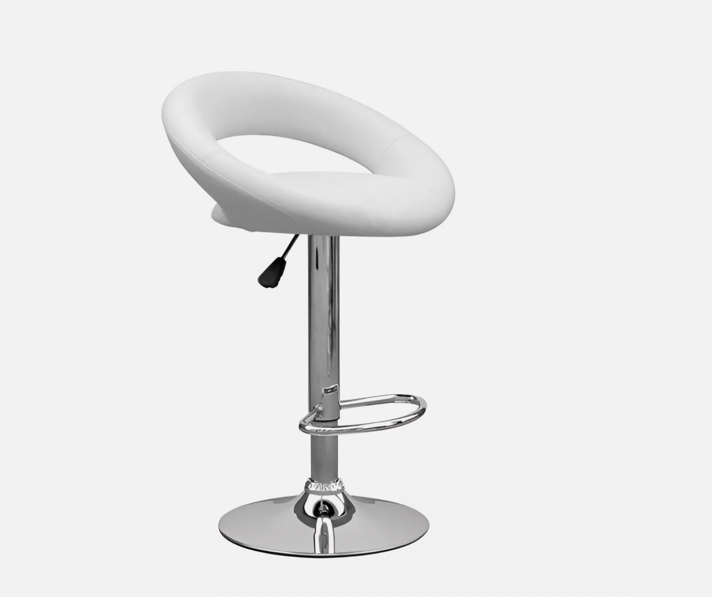 White saddle-style cushioned bar stool with chrome adjustable base