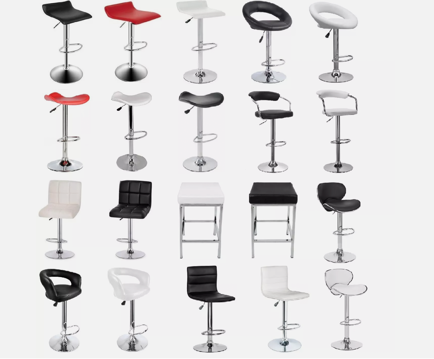 Collection of adjustable modern bar stools with chrome bases and cushioned seats in various colors.