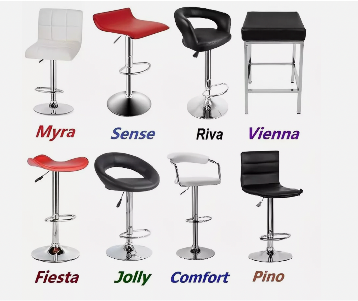 Set of contemporary bar stool designs featuring swivel seats, footrests, and chrome finishes.