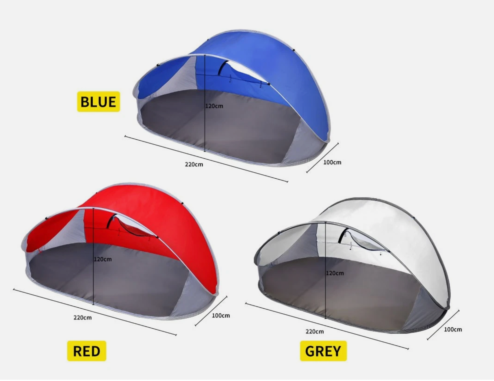 Set of pop-up beach tents in blue, red, and grey with UV protection and carry bags.