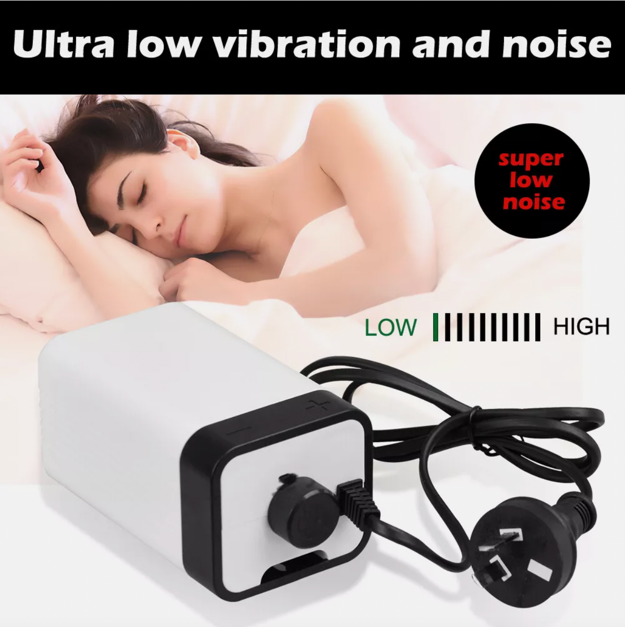 User holding aquarium air pump with long power cord