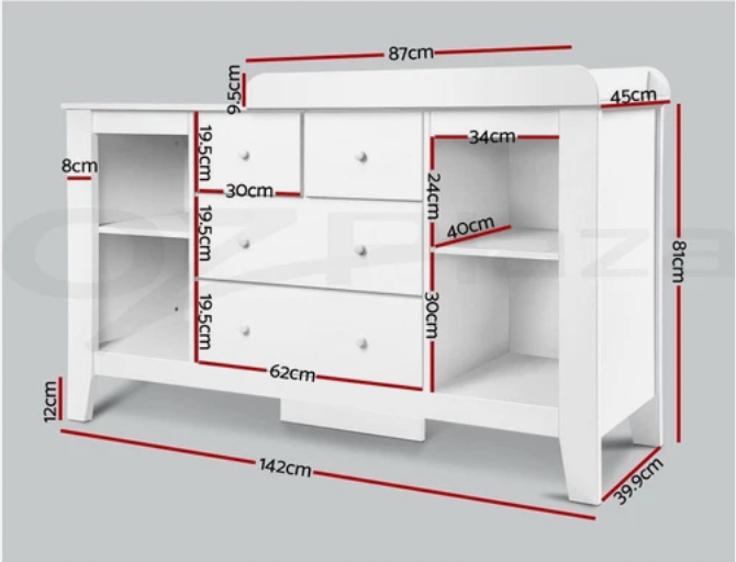 Baby change table dimensions and storage compartments shown