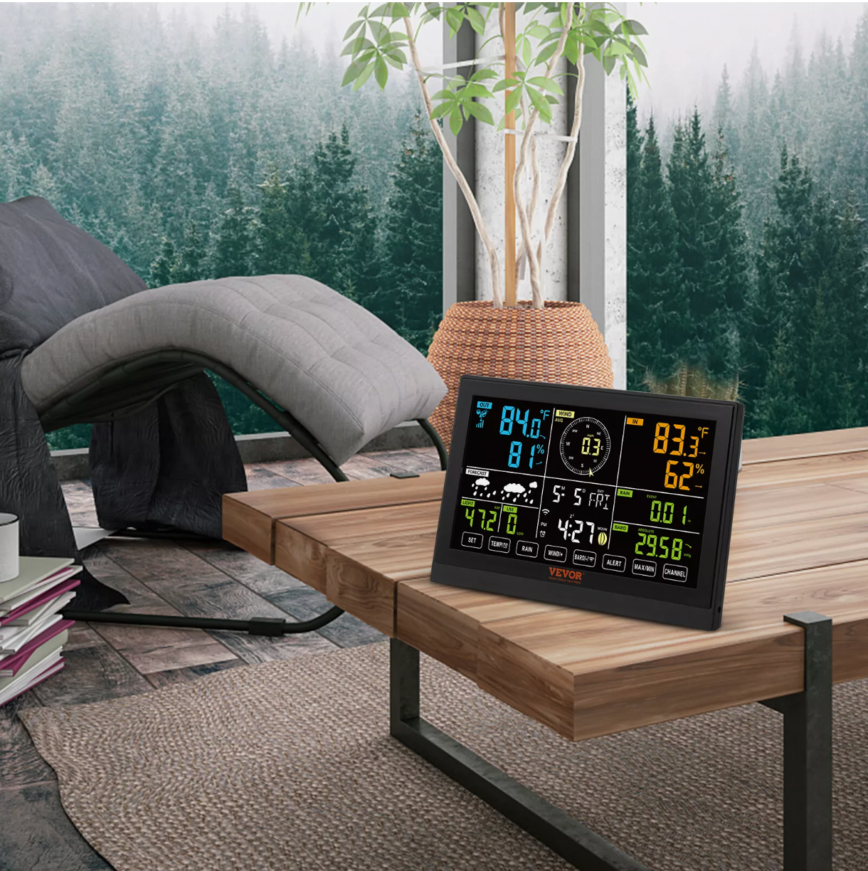 Smart weather station displaying live climate data on tablet