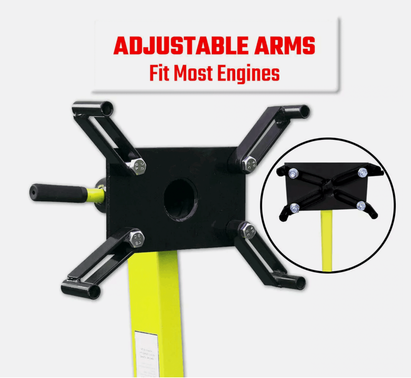 Adjustable engine stand with secure mounting arms
