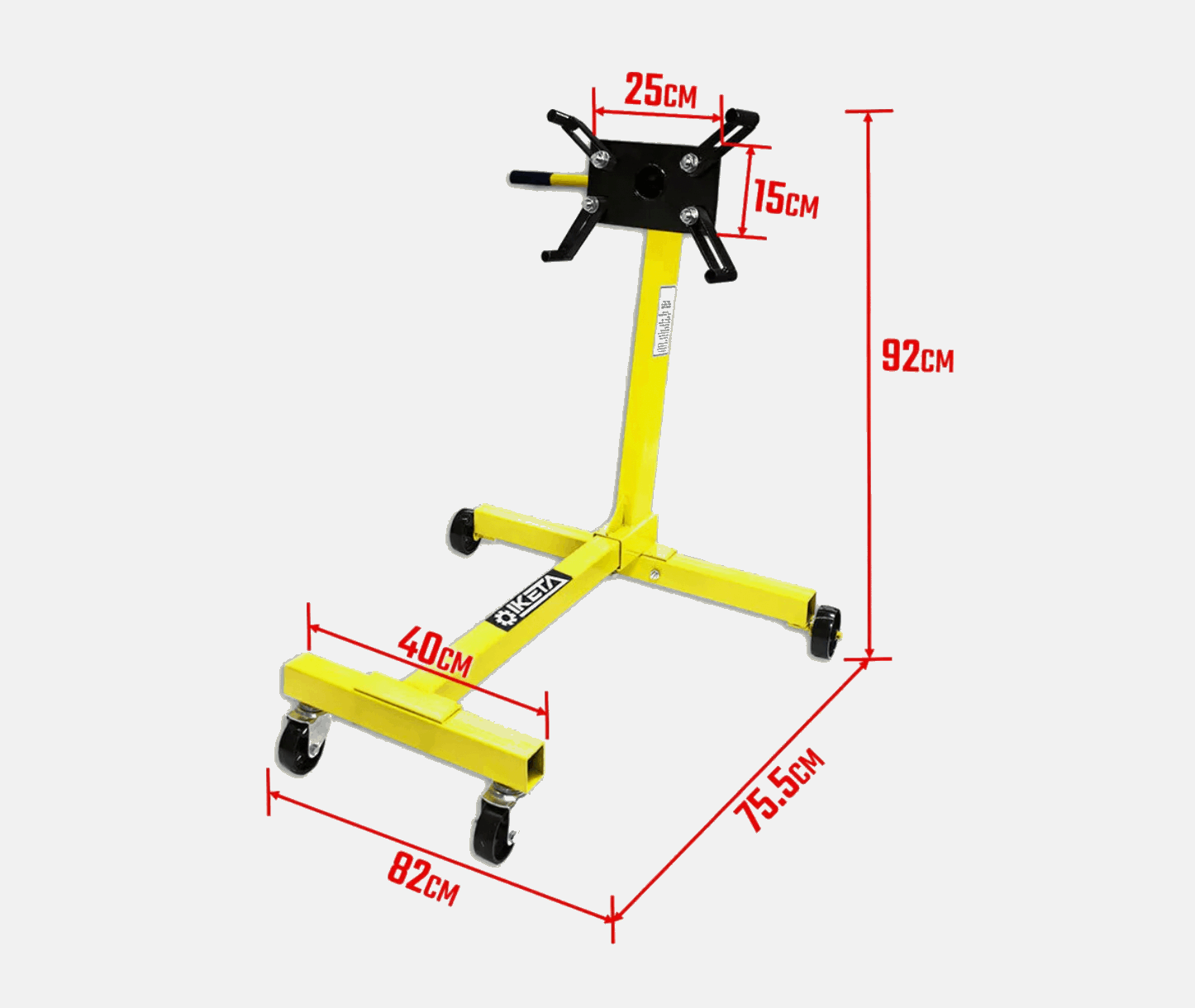 Yellow engine stand with reinforced steel frame and wheels