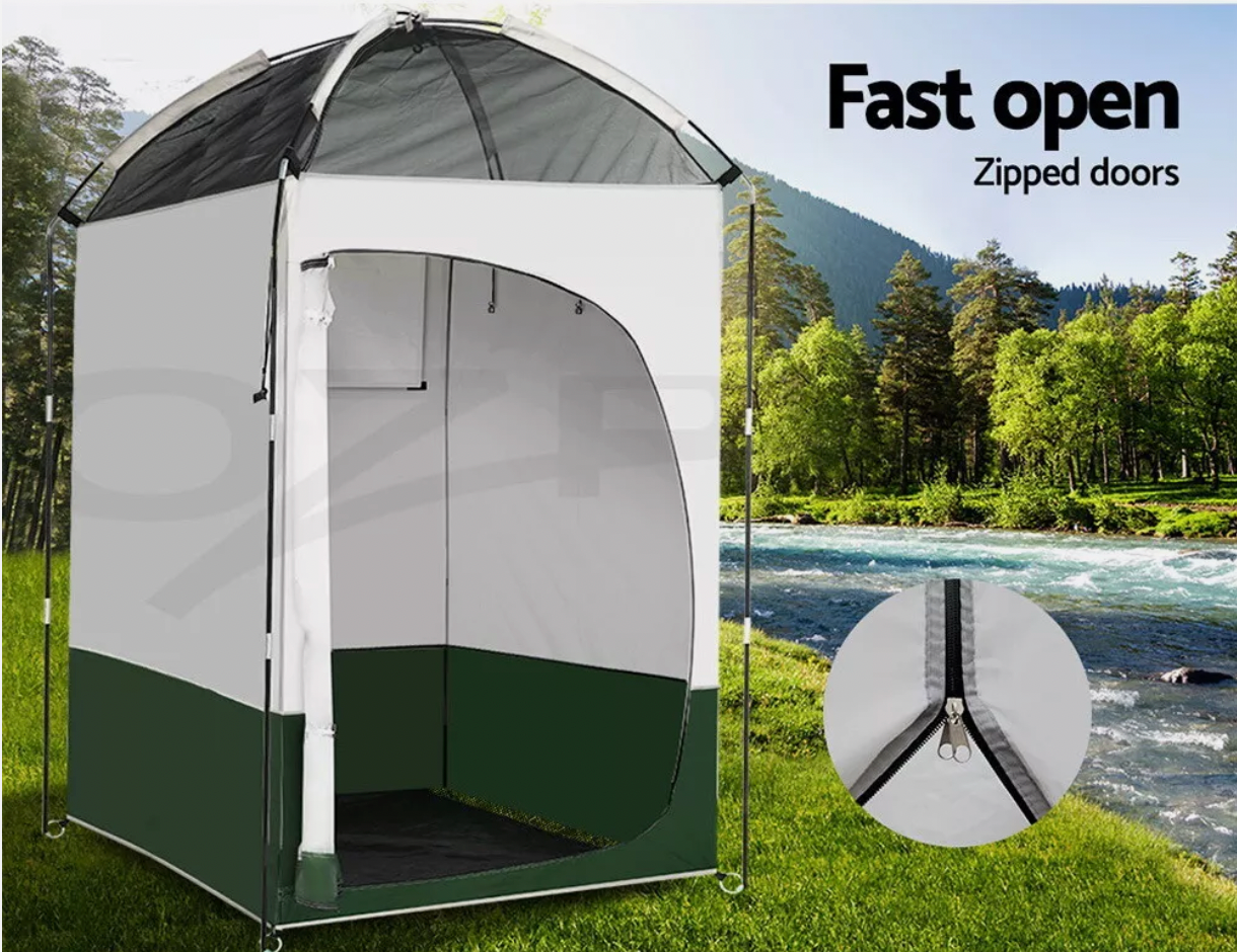 Portable shower tent with durable frame and waterproof cover