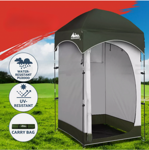 Shower tent with ventilation windows and storage features