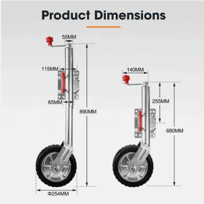 Jockey wheel showing different height adjustment positions
