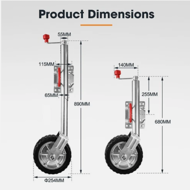 Jockey wheel showing different height adjustment positions