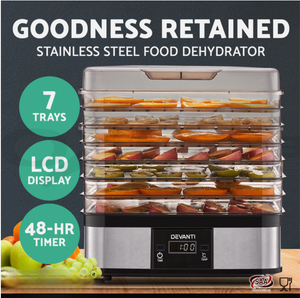 Multi-tray food dehydrator for retaining nutrients in fruits, vegetables, and meats.