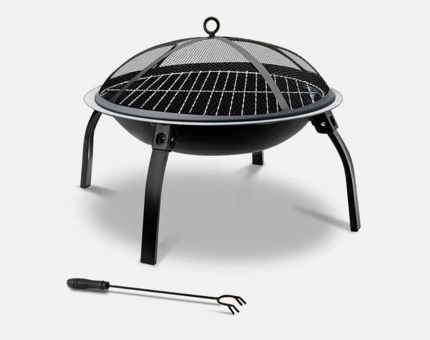 Metal outdoor fire pit with removable grill top, mesh cover, and poker tool.
