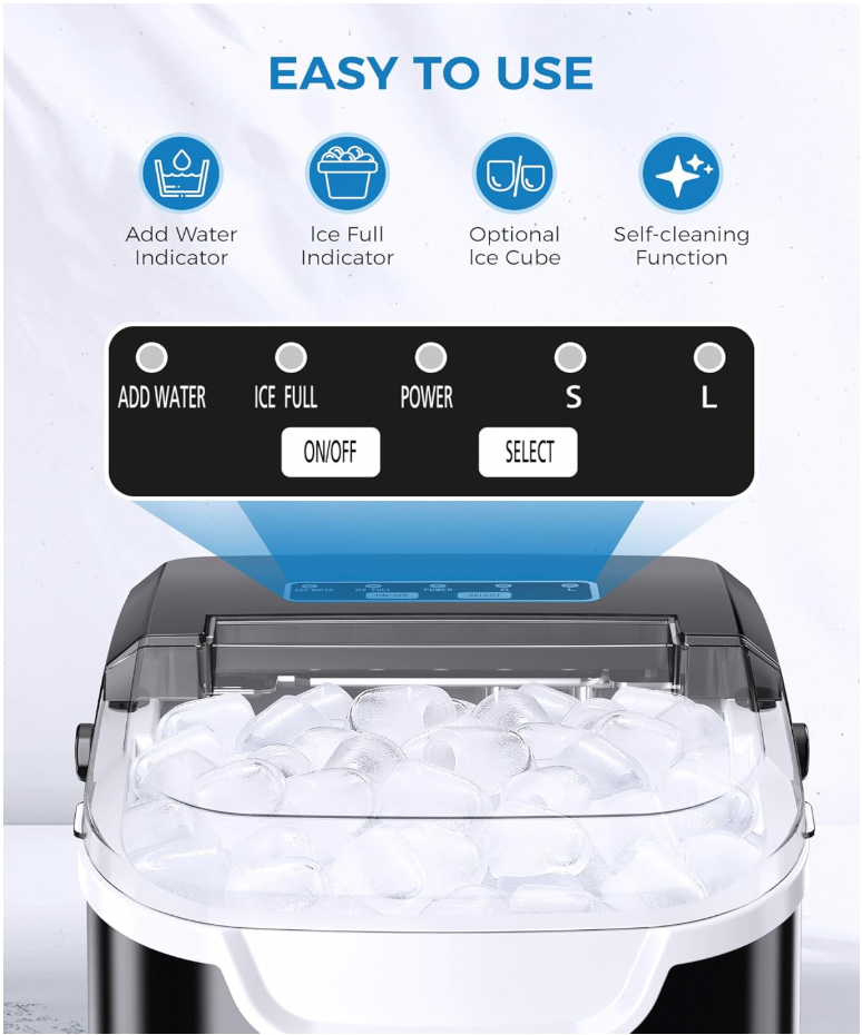 Countertop ice maker with simple push-button control panel and viewing window.