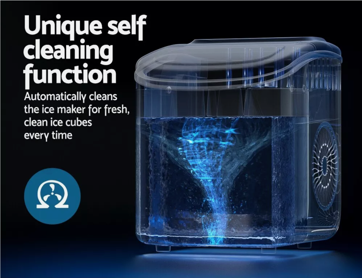 Compact countertop ice maker producing fresh bullet ice cubes.