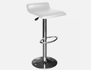White adjustable bar stool with cushioned square seat and chrome pedestal base.