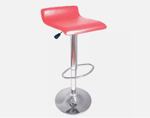 Pink cushioned bar stool with adjustable height and chrome swivel base.
