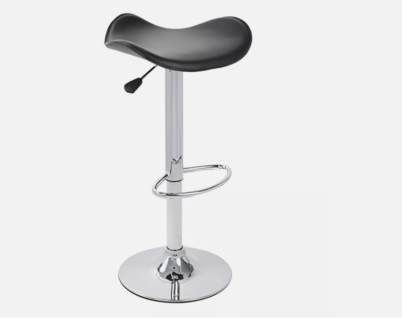 Black saddle-style bar stool with cushioned seat and chrome pedestal base