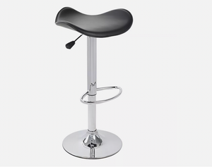 Black saddle-style bar stool with cushioned seat and chrome pedestal base