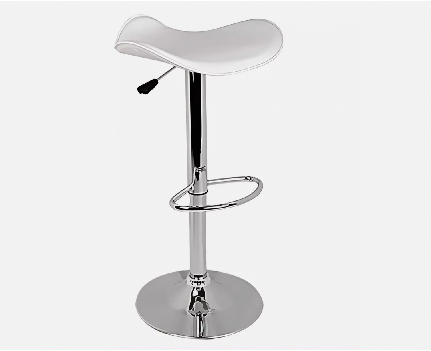 White round cushioned bar stool with adjustable chrome base and footrest.