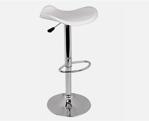 White round cushioned bar stool with adjustable chrome base and footrest.