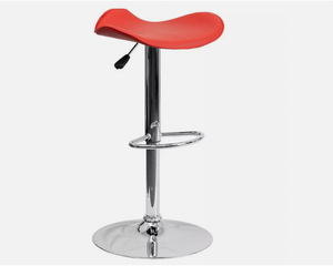 Red saddle-style adjustable bar stool with cushioned seat and chrome base.