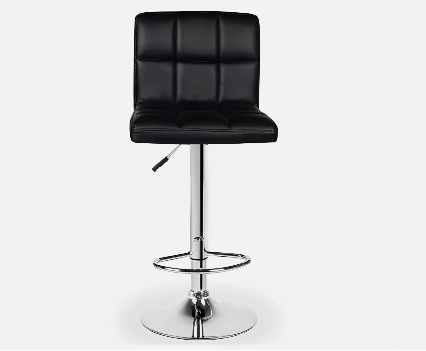 Black high-back cushioned bar stool with adjustable chrome pedestal and footrest
