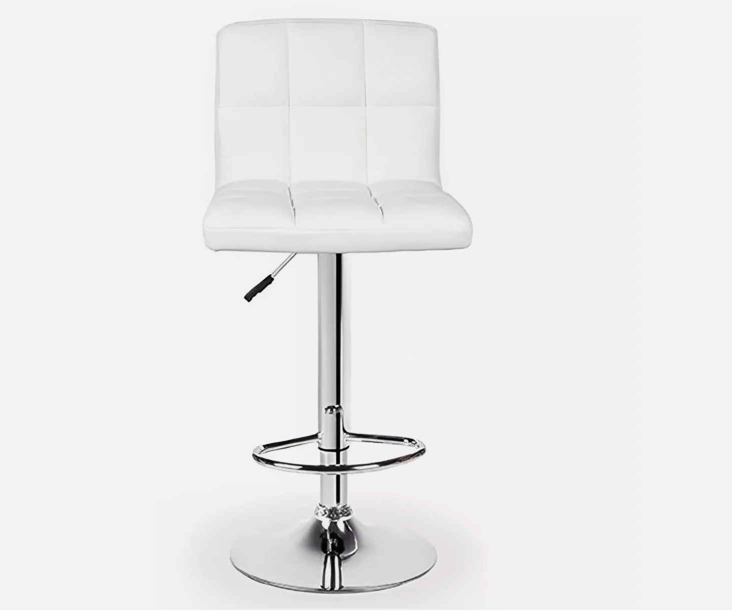 White square cushioned bar stool with chrome base and adjustable swivel function.