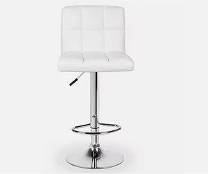 White square cushioned bar stool with chrome base and adjustable swivel function.