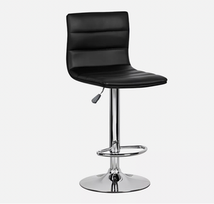 Black cushioned bar stool with high backrest, chrome base, and adjustable height.
