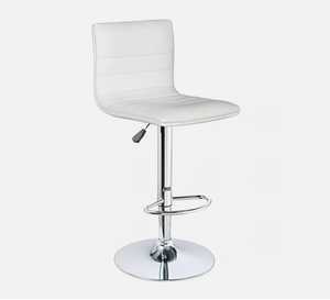 White cushioned bar stool with supportive backrest and chrome pedestal base.