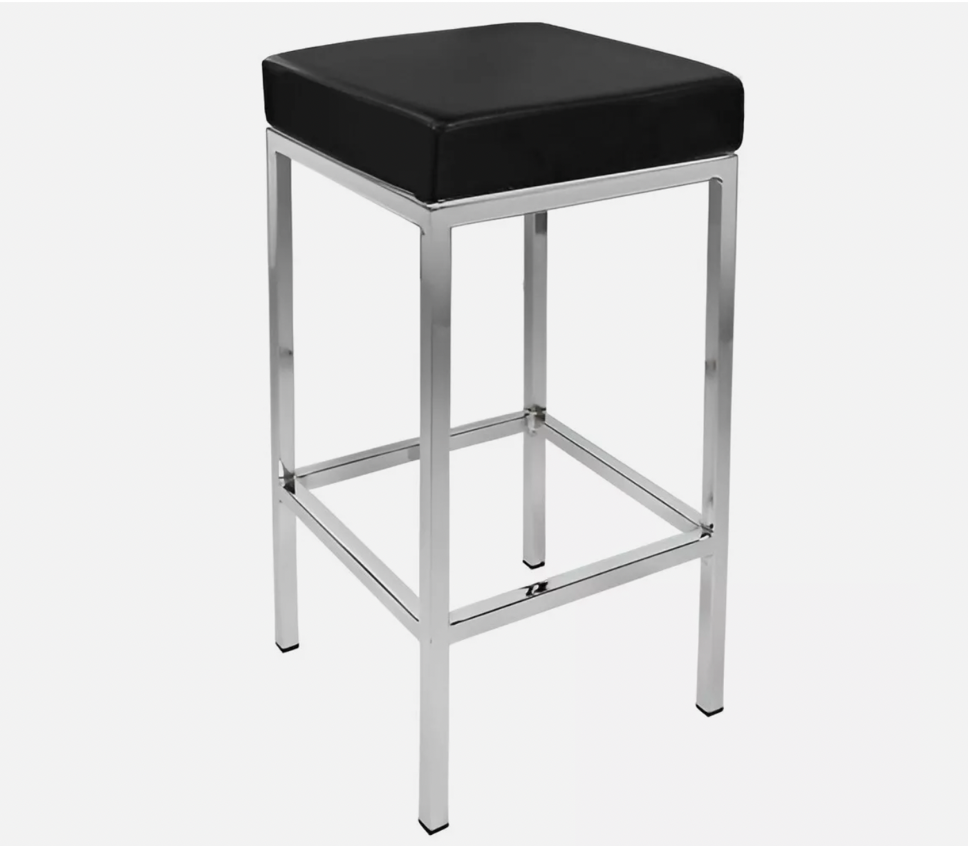 Black square cushioned bar stool with four metal legs and footrest.