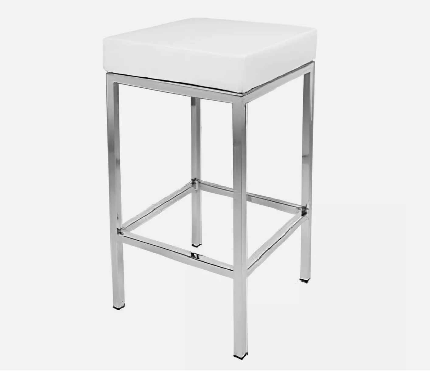 White square cushioned bar stool with four chrome legs and built-in footrest