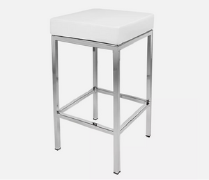 White square cushioned bar stool with four chrome legs and built-in footrest